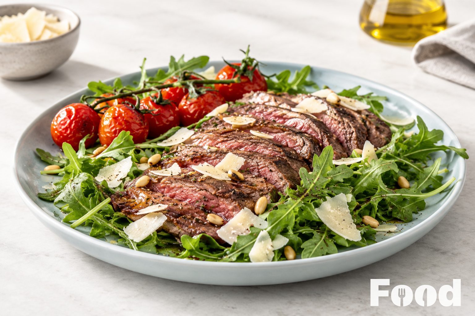 Gegrilde bavette met rucola en Parmezaan