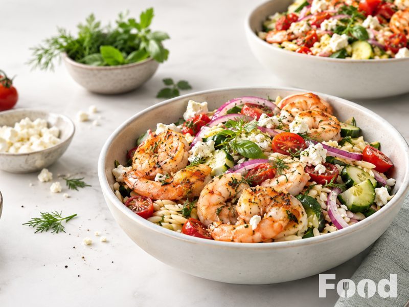Orzo salade met scampi en feta