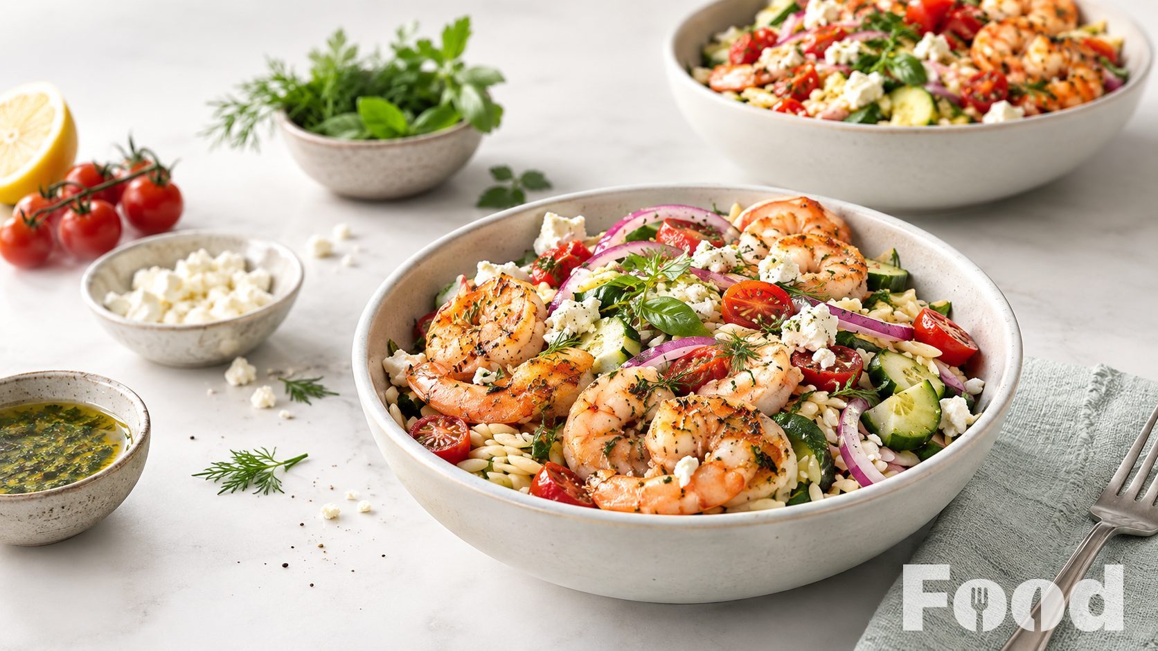 Orzo salade met scampi en feta