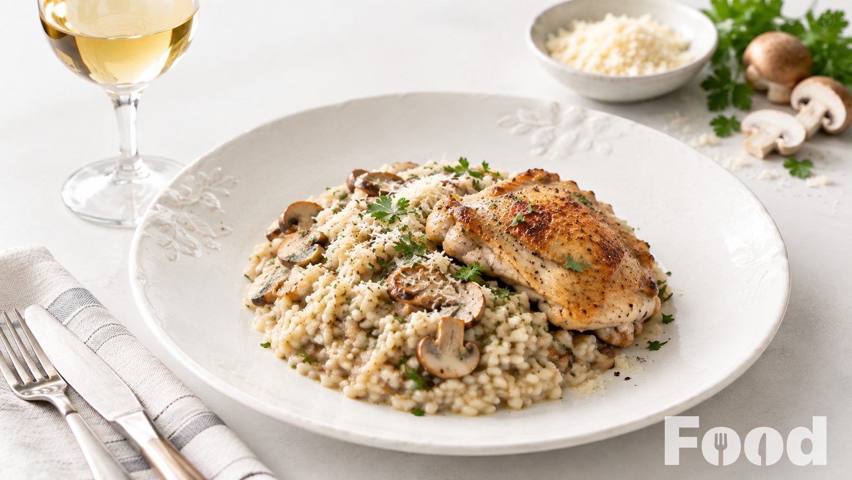 Risotto ai funghi con coscia di pollo