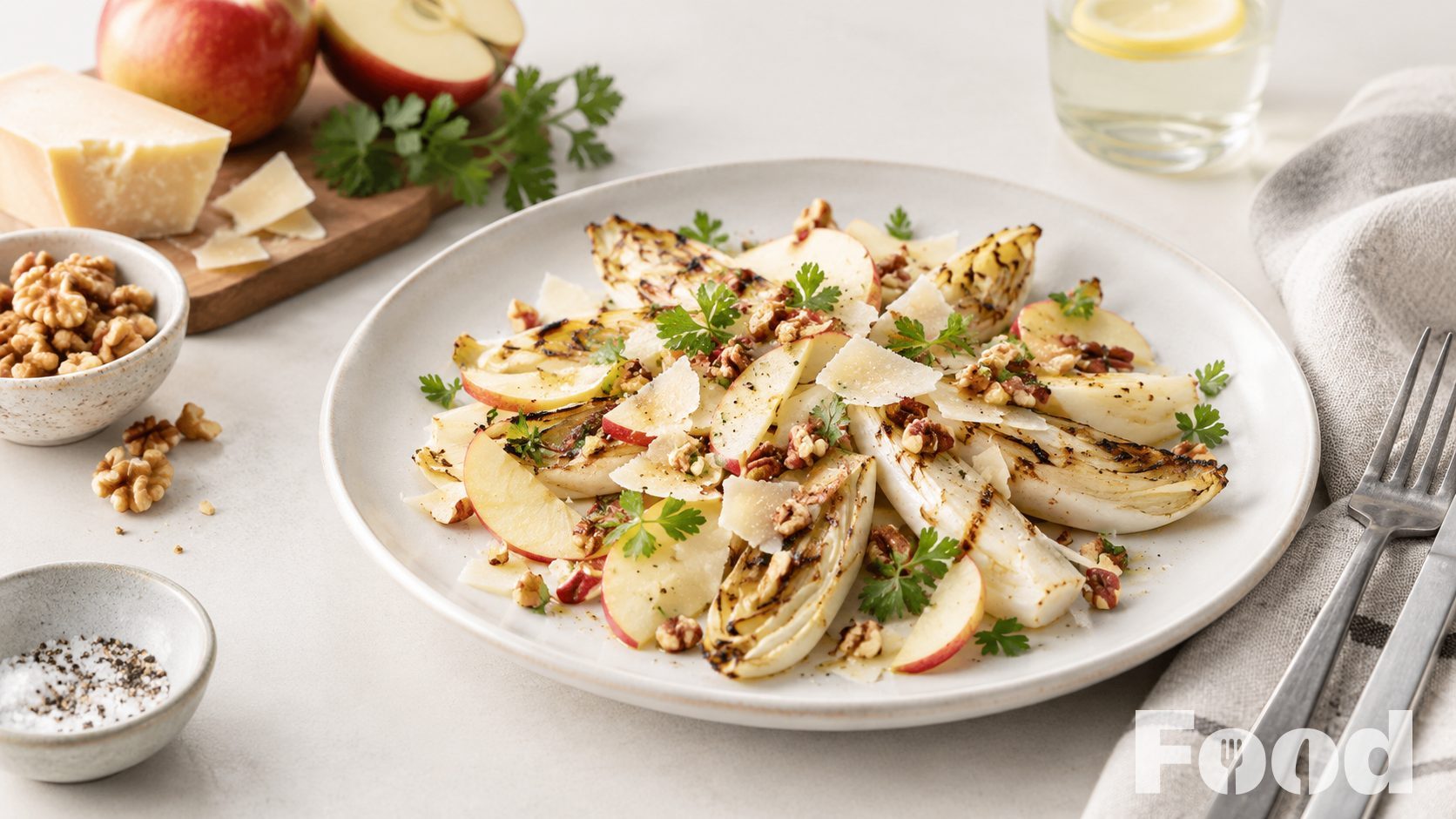 Salade van gegrilde witlof met appel, kaas en noten