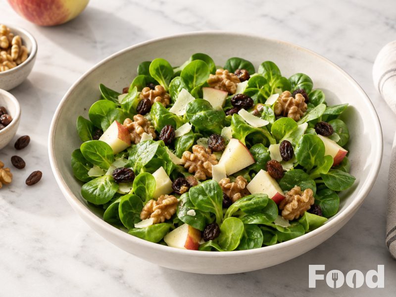 Veldsla salade met appel, rozijnen en walnoten