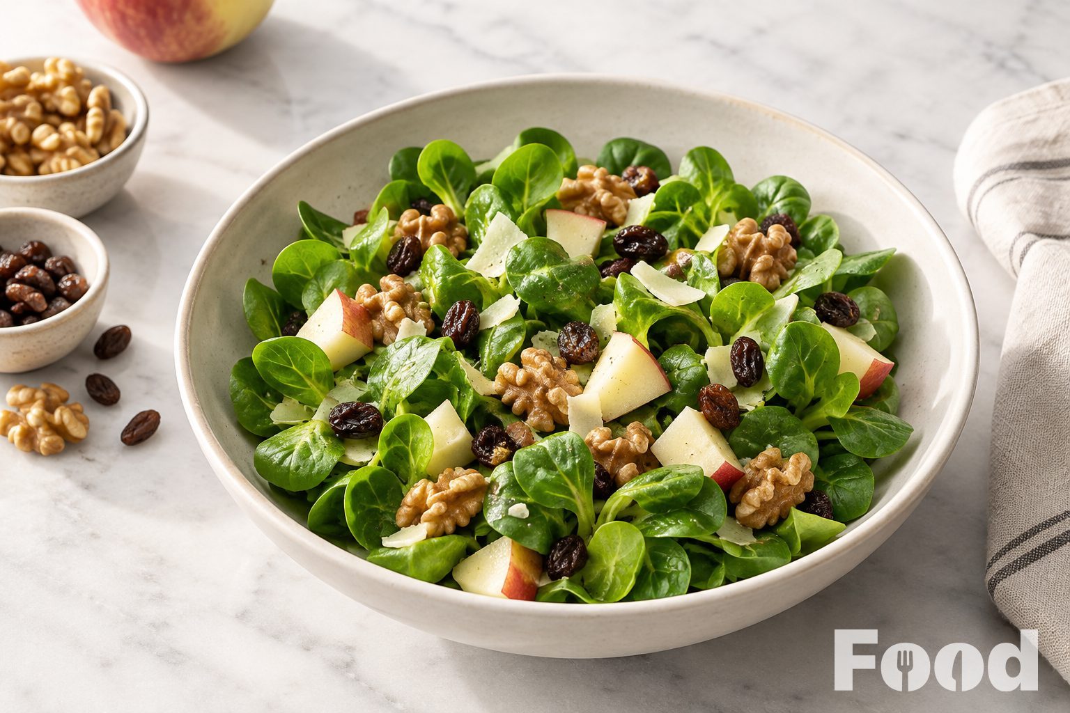 Veldsla salade met appel, rozijnen en walnoten