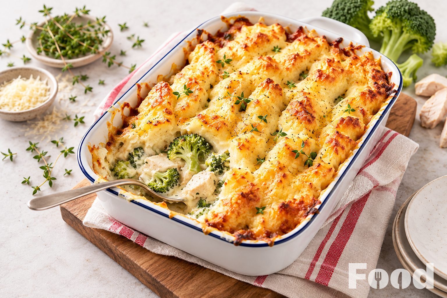 Aardappelschotel met kip en broccoli