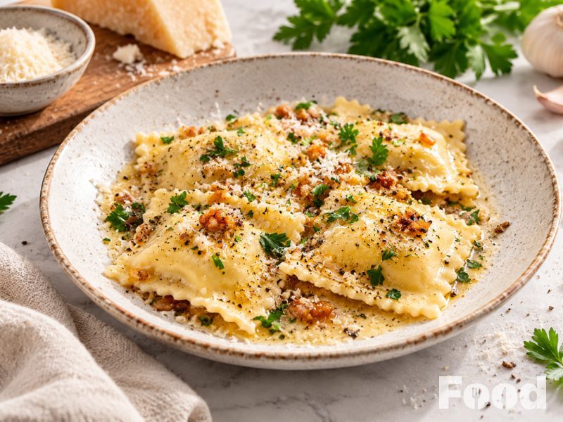 Carbonara-ravioli met knoflookbotersaus