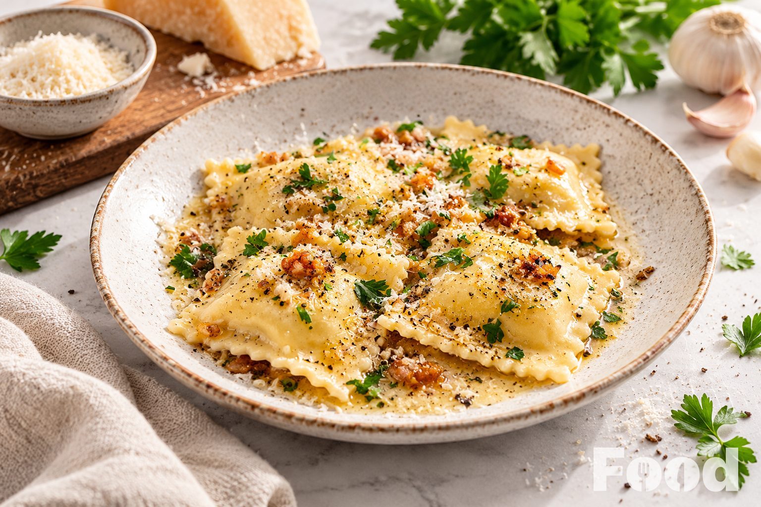 Carbonara-ravioli met knoflookbotersaus