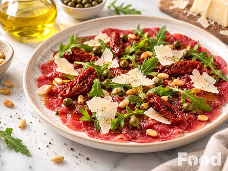 Carpaccio met zongedroogde tomaatjes, rucola en geroosterde pijnboompitjes