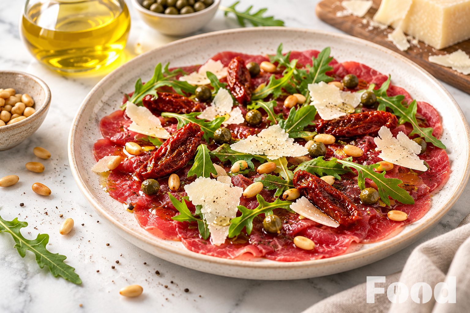 Carpaccio met zongedroogde tomaatjes, rucola en geroosterde pijnboompitjes