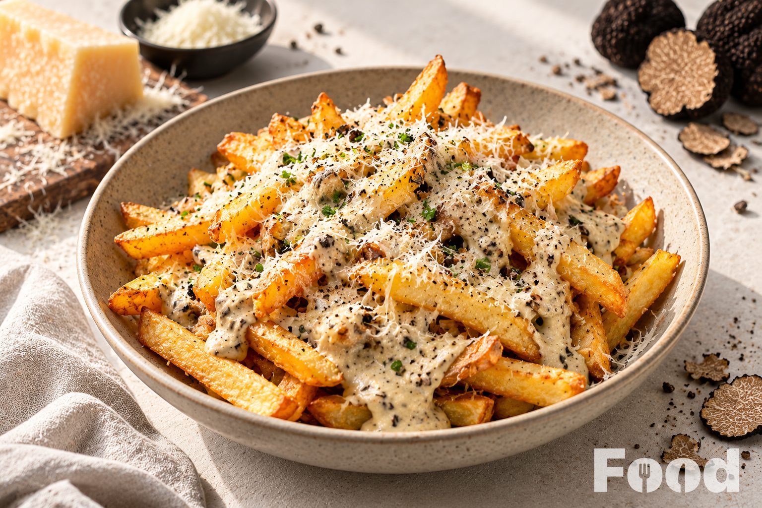 Frieten met truffelroomsaus en Parmezaan