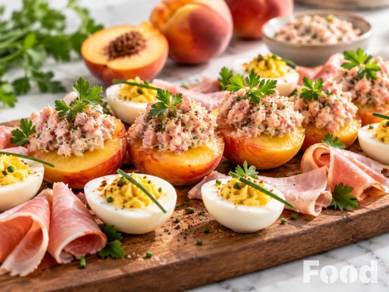Gevulde perziken met beenhamsalade en mimosa-eitjes