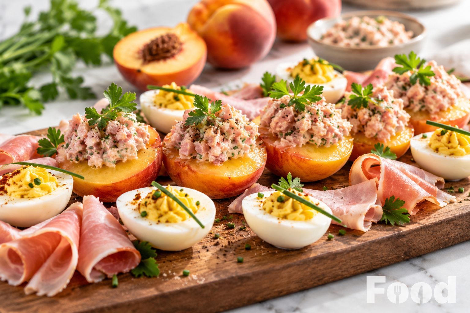 Gevulde perziken met beenhamsalade en mimosa-eitjes