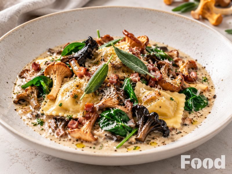 Ravioli met wilde boschampignons en spek
