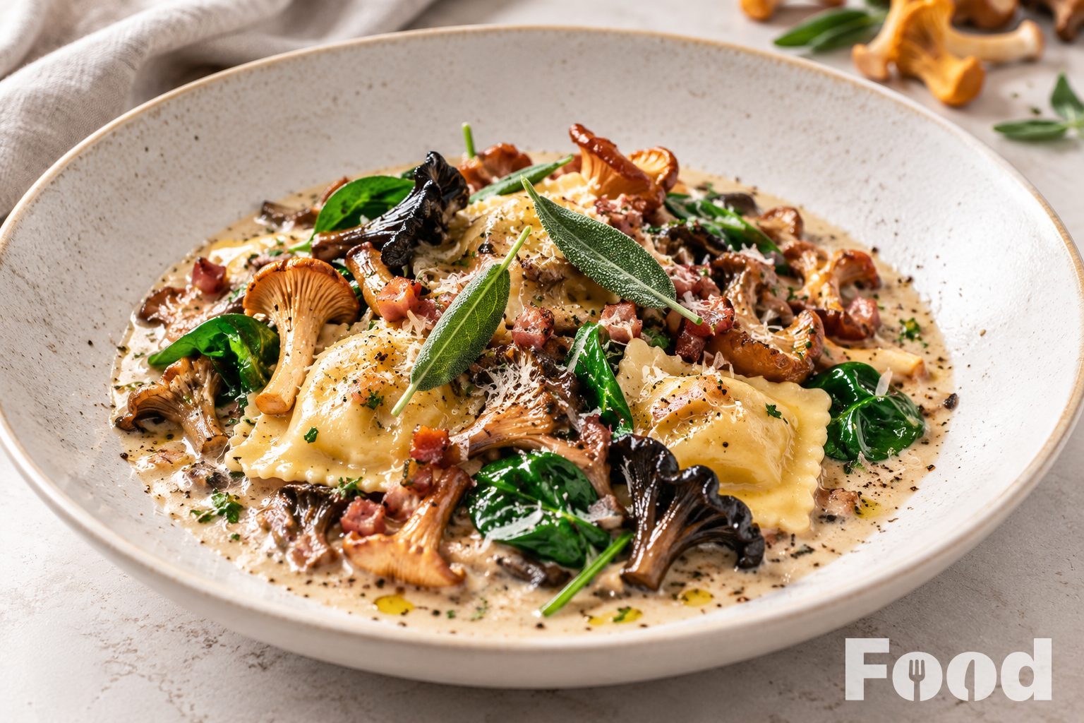Ravioli met wilde boschampignons en spek