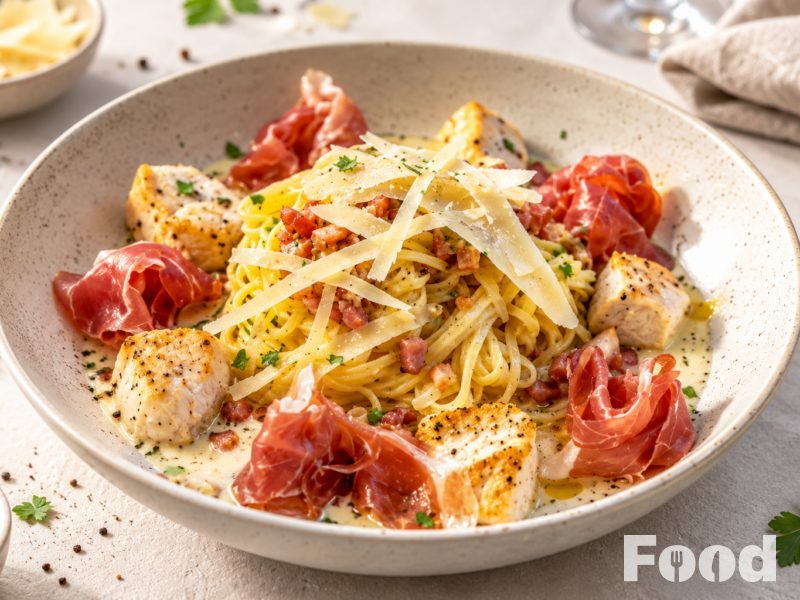 Romige tagliatelle met kip en parmaham