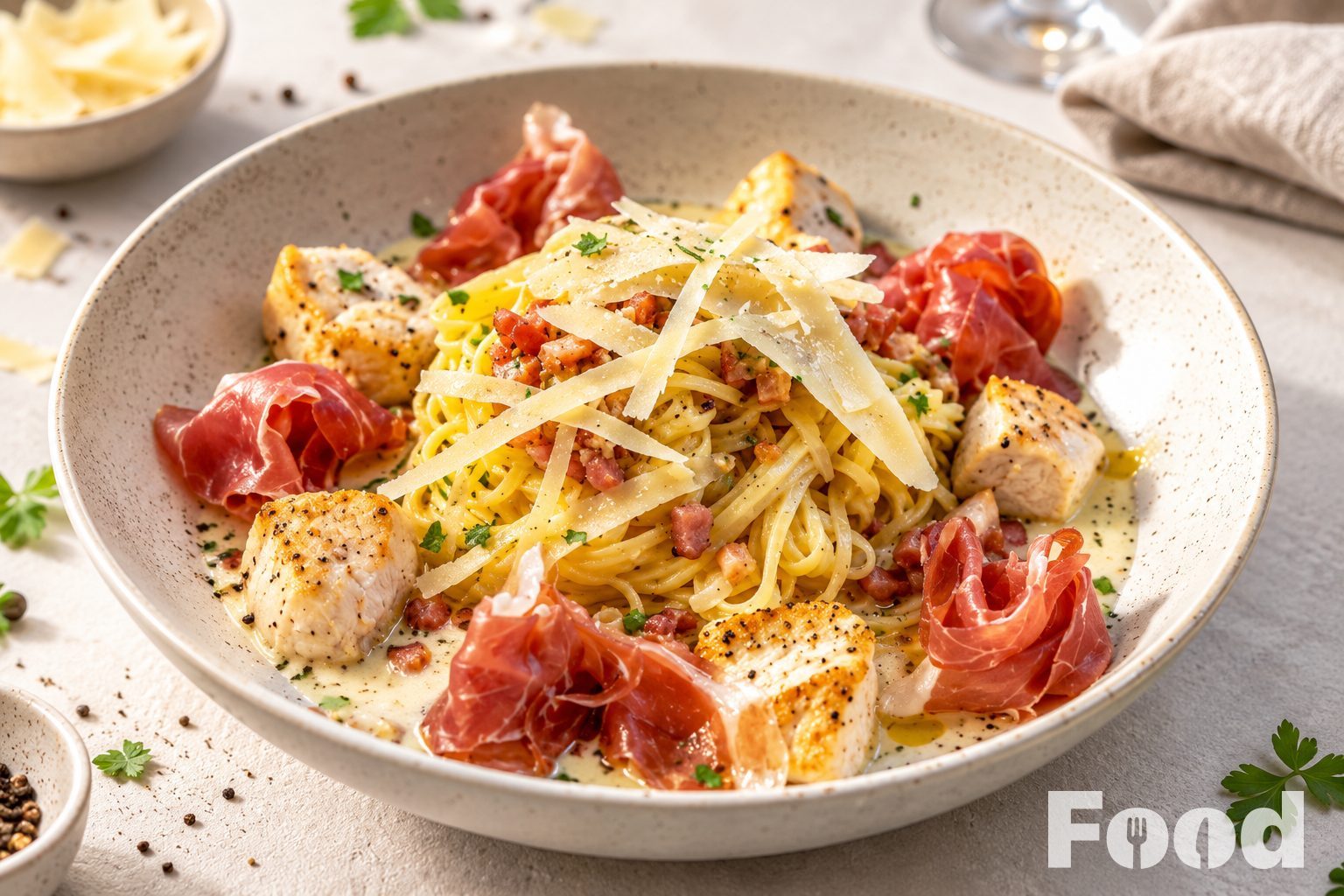 Romige tagliatelle met kip en parmaham