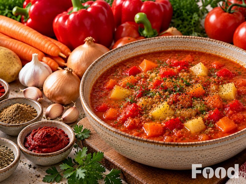 Goulashsoep van paprika, tomaat en aardappel