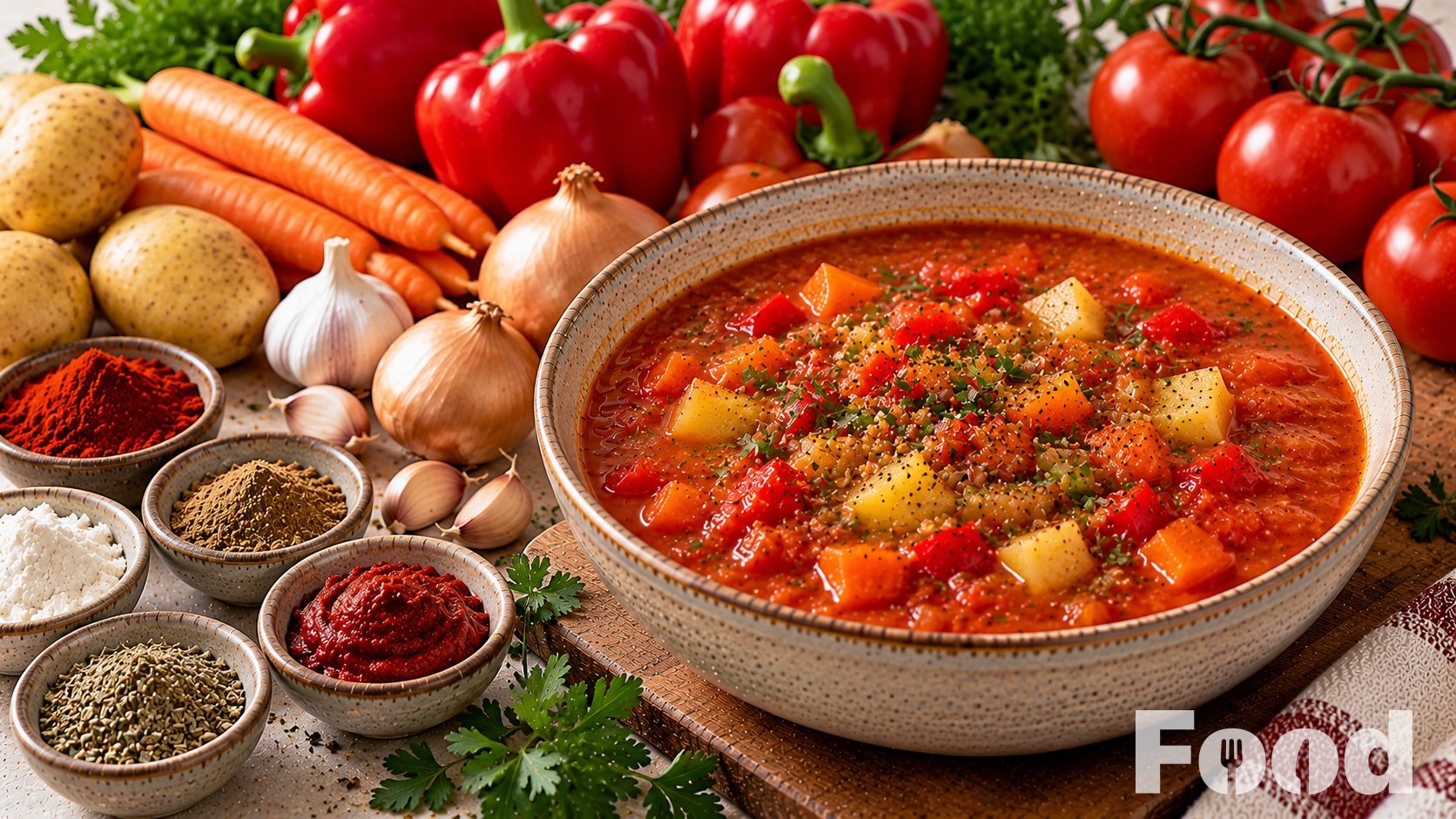 Goulashsoep van paprika, tomaat en aardappel